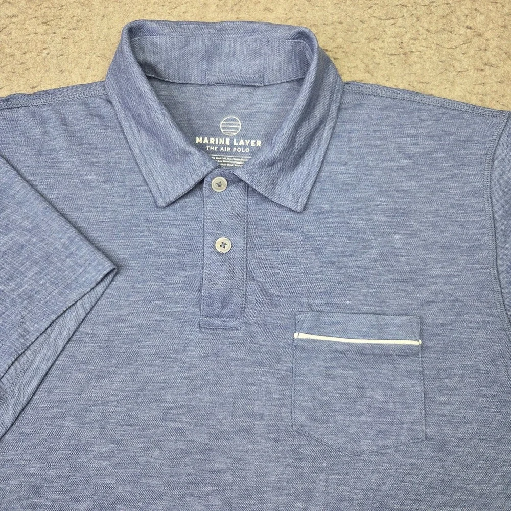 Marine Layer The Air Polo Shirt Mens M/L Blue Tencel Blend Pocket Short Sleeve